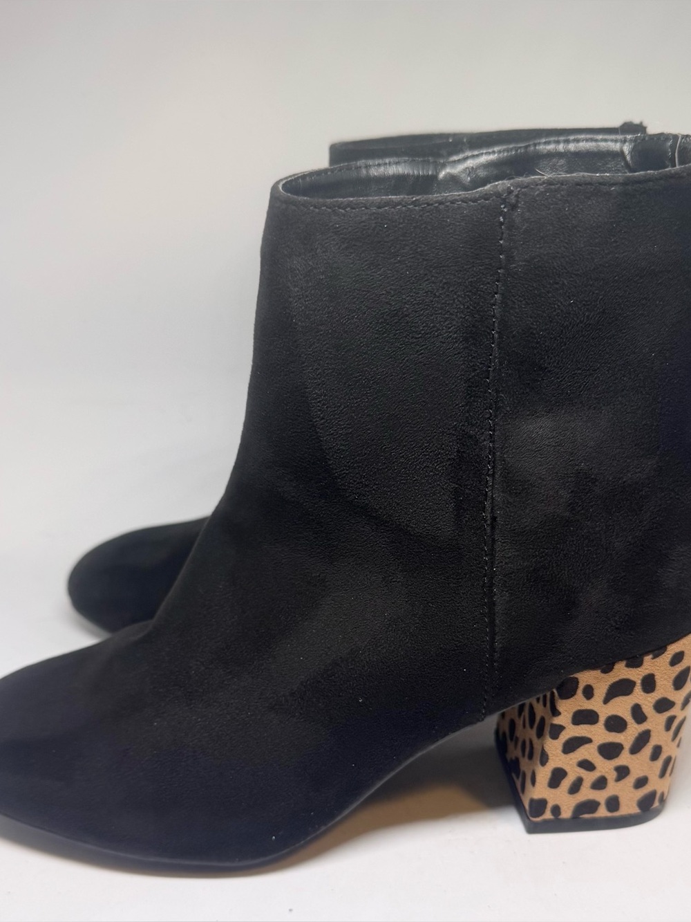 Bamboo Faux Suede Animal Print Heel Ankle Boots